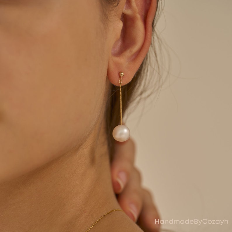 Fresh water Pearl Drop Earring, Minimalist Pearl Dangle Earrings, Natural Simple Bridal Earrings in Gold, Wedding Earrings, Bridesmaid Gift image 3