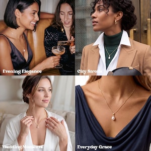 May include: A gold chain necklace featuring a single teardrop-shaped white pearl pendant. The necklace is displayed in four different settings, showing the gold chain and pearl pendant worn against various necklines and clothing styles.