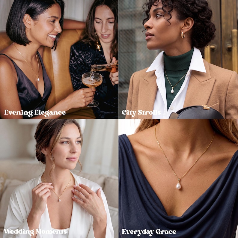 May include: A gold chain necklace featuring a single teardrop-shaped white pearl pendant. The necklace is displayed in four different settings, showing the gold chain and pearl pendant worn against various necklines and clothing styles.