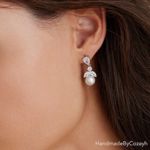Pearl Diamond Earrrings, Freshwater Pearl Bridal Earrings, Pearl Drop Earrings, Wedding Earrings, Bridesmaid Gift, Mothers Day Gift for Her