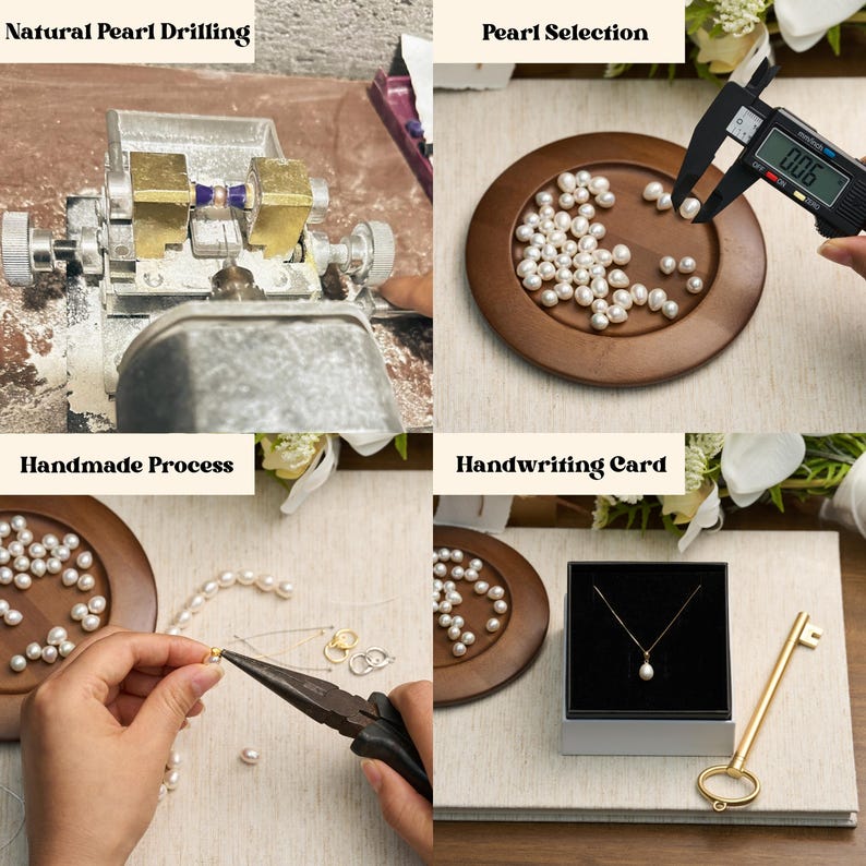 May include: A four-part collage showing jewellery production: a metal drilling machine with a pearl, a digital calliper measuring a pearl on a wooden tray, pliers attaching a pearl to a chain, and a pearl pendant necklace in a box with a gold key.