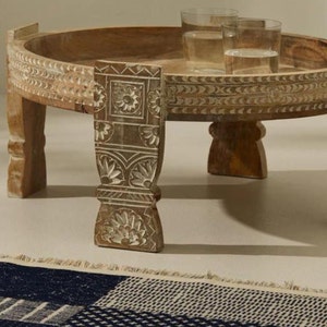 Beautiful Carved Indian Grinder Table, Wooden Round Coffee Table, Cocktail Party Table For Modern Era, Furniture Table For Home Interior