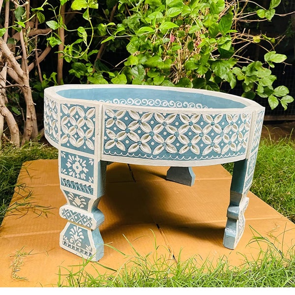 Wooden Beautiful Floral-Pattern Carved Grinder Table, Living-Room/Drawing Room Decors Coffee Table/Cocktail Table/Central Table/Chakki Table