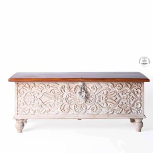 Wooden Beautiful Carved Coffee Table, Indian Trunk Box, Blanket Storage Box, Dowry Box/Side Table/Nightstand Table/Lamp Stand Table