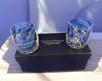 Freemason, Masonic Personalised Whisky Glasses in presentation box.