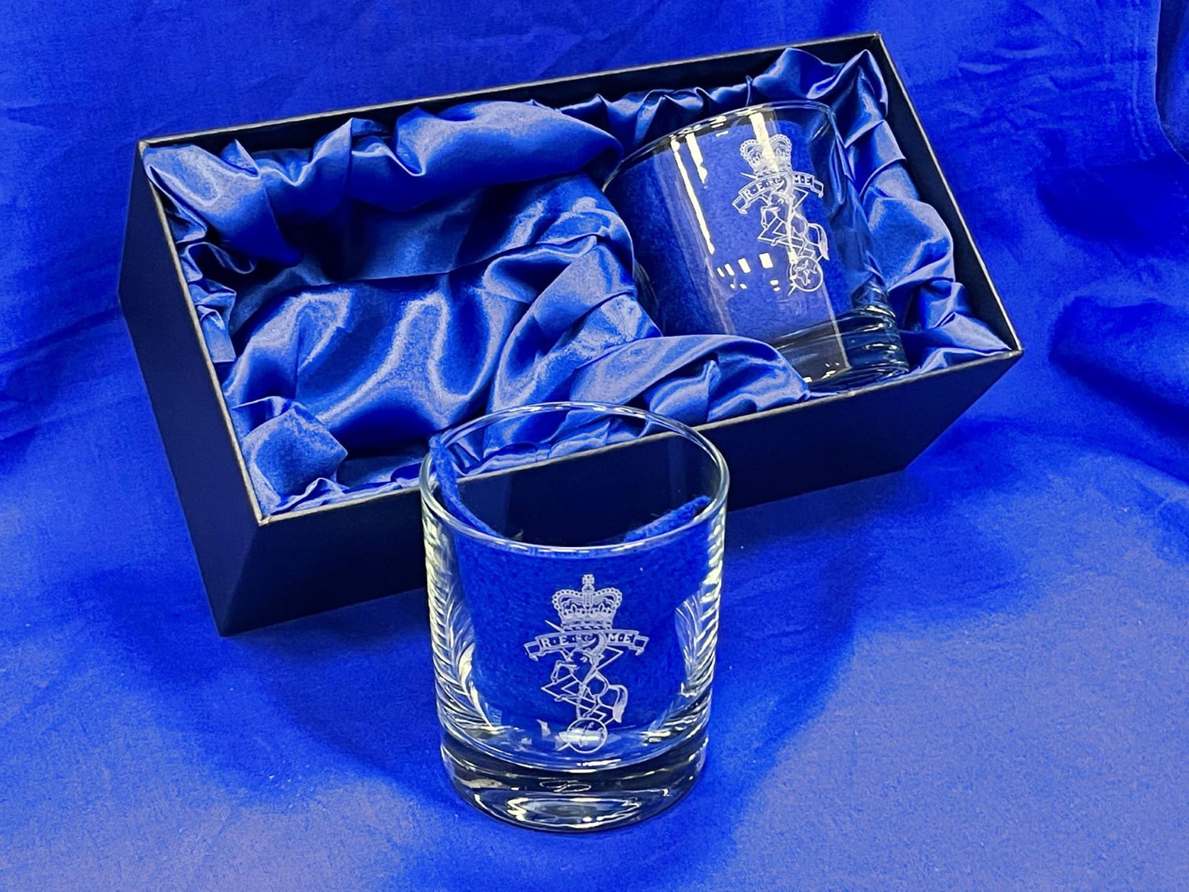 UK Military Army, Royal Navy & RAF Twin Whisky Tumbler Glasses in silk  lined box