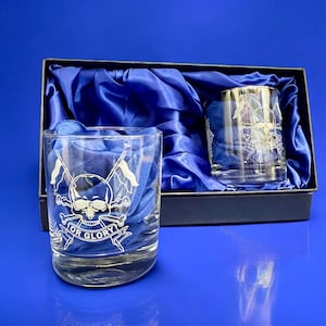 The Royal Lancers (Queens&#39; Own) Regiment Personalised Whisky Glasses with silklined presentation box.