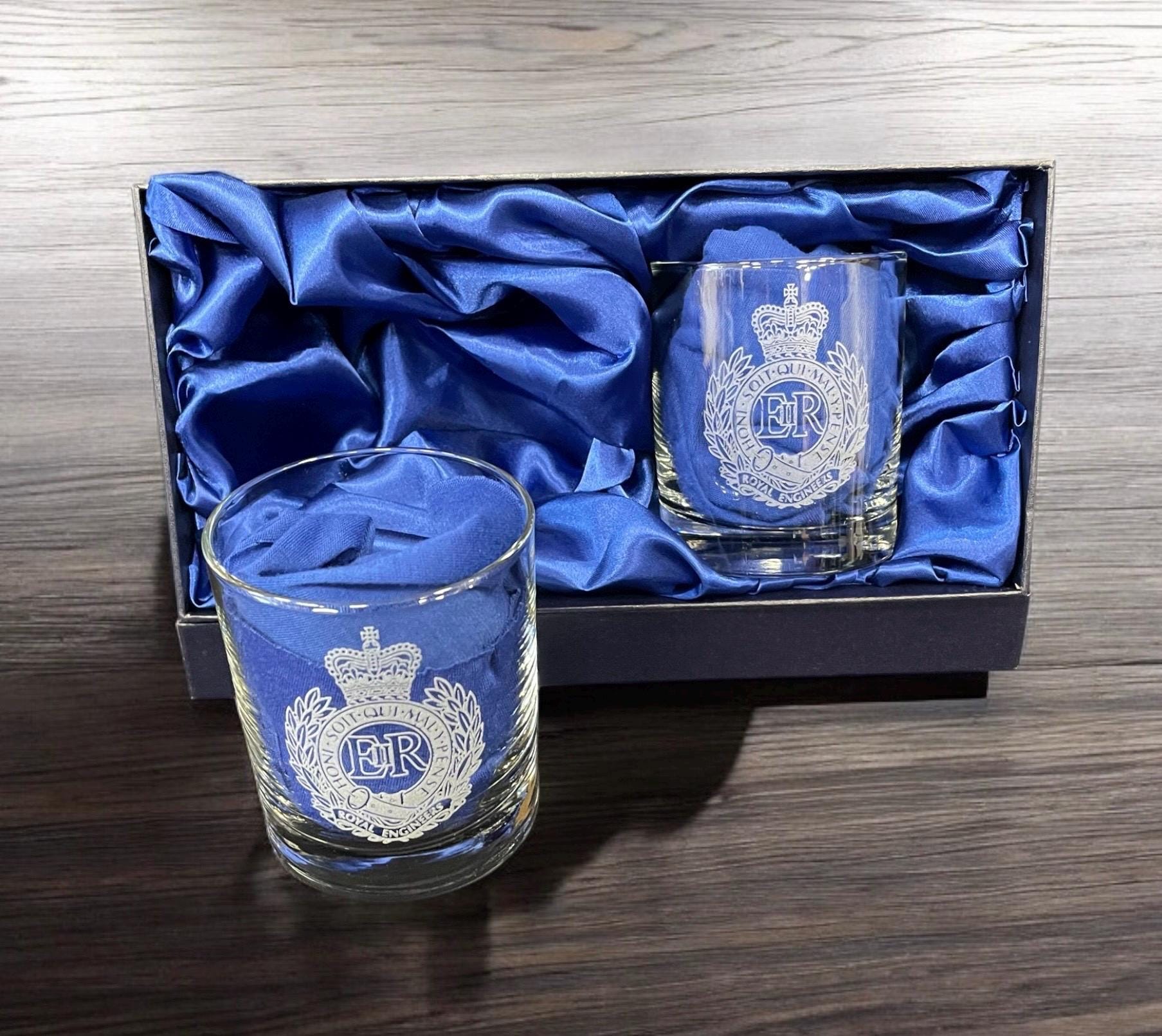 The Corps of Royal Engineers Personalised Twin Tumbler Whisky Glasses (King's & Queen's Crowns)