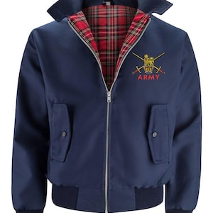 Selection of British Army vintage Harrington Jacket with embroidered Regimental Cap Badge.