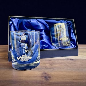 The Royal Signals Personalised Twin Whisky Glasses with silklined presentation box.