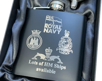 Royal Navy inc HM Ships Crest 6oz personalised Hip Flask