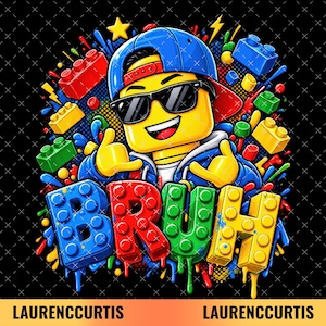 May include: A graphic illustration featuring a yellow toy figure wearing a blue baseball cap and black sunglasses, making a hand gesture. The word BRUH is displayed in large, colourful, block-style letters resembling plastic building bricks.