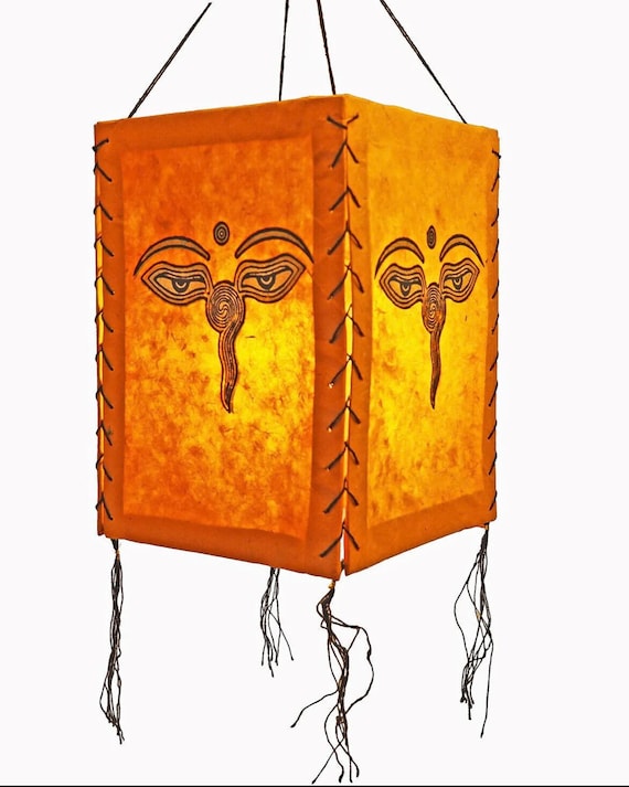 Lampshades, Handmade Lokta Paper Lampshade, Symbols of Buddhism - 4-fold Hanging Lampshade.