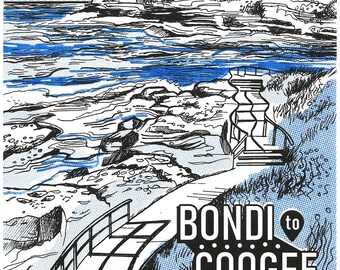 Bondi to Coogee Walk, Bondi. Risografieprint in beperkte oplage (A4). De oostelijke stranden van Sydney.