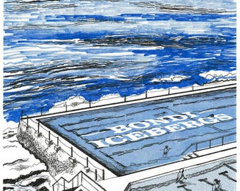 Bondi Icebergs, Bondi. Limited Edition Risograph Print (A4). Sydney Eastern Beaches.