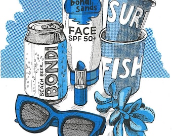 Bondi Branded Still Life. Limited Edition Risograph Print (A4). Sydney Eastern Beaches.