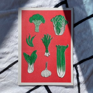 Vegegraph - green vegetable illustration Risograph Red Art print A4