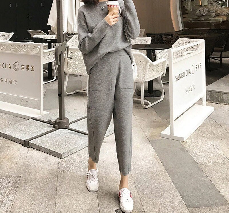 Top Pants Two Piece Set Women Autumn Outfit Relaxed Knitted - Etsy