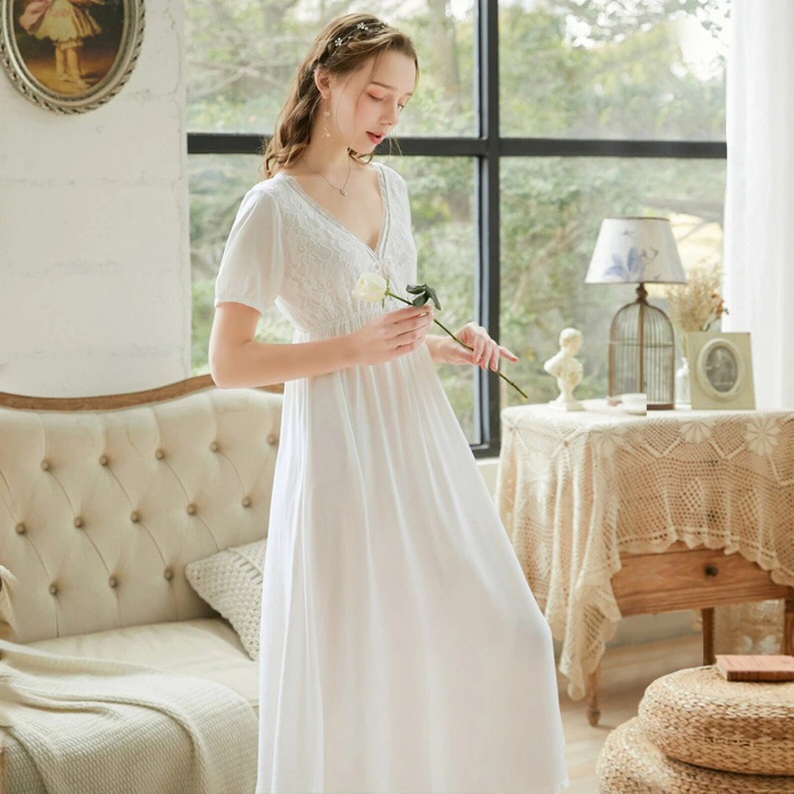 Long Vintage Victorian Lace Nightgown V Neck Nighty Victorian Etsy