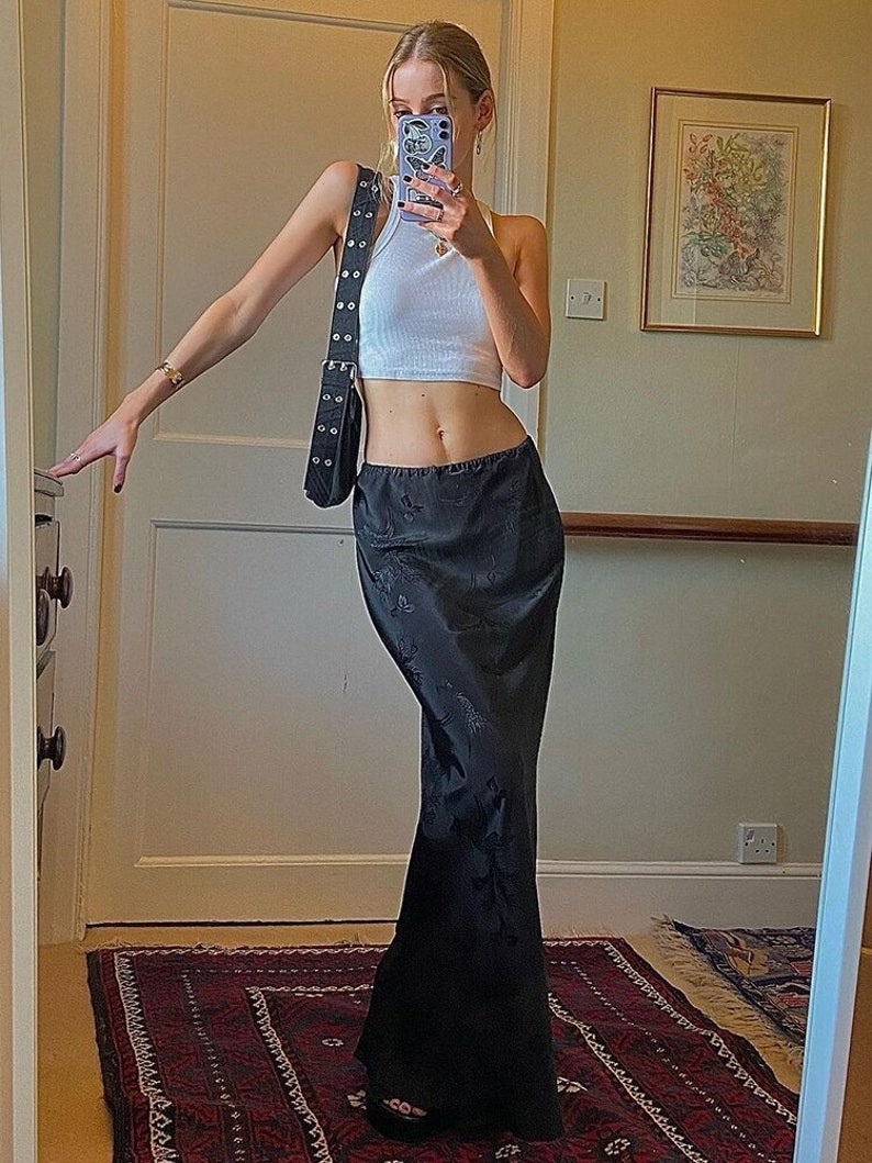 Y2K Brown Floral Mesh Midi Skirt Vintage A Line Midi Skirts Etsy