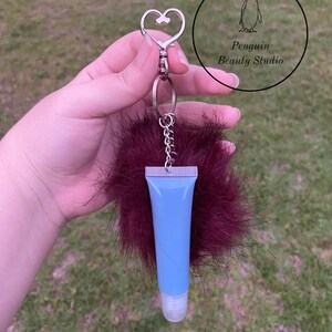 Stormy Skies Lip Gloss Keychain with Maroon Pompom /Vegan, Cruelty Free, Organic Ingredients, Squeeze Tube, Homemade, Engraving Option/