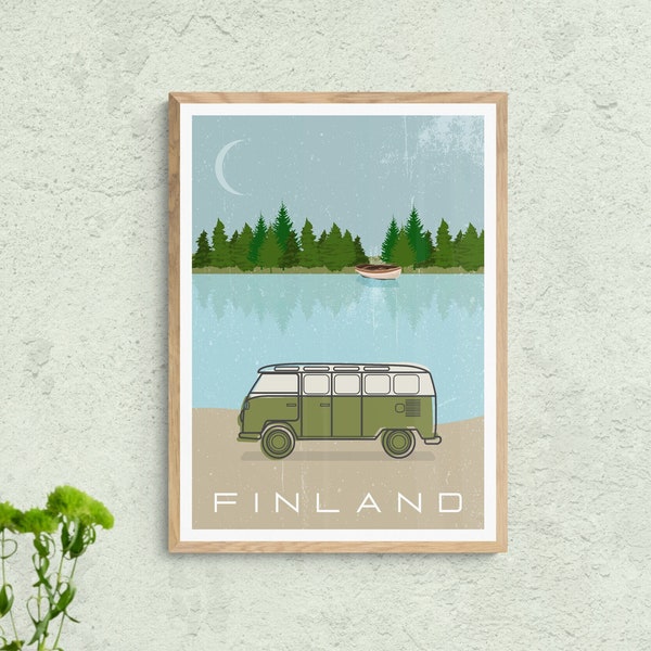 Poster Vanlife Finland Wall Art Decoration | Picture gift Bulli Lake | Retro Camper | Instant download