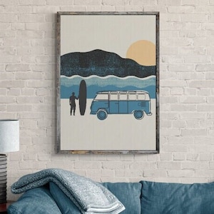 Poster vanlife wall art decor | picture gift surfer at the beach | retro camper | instant download