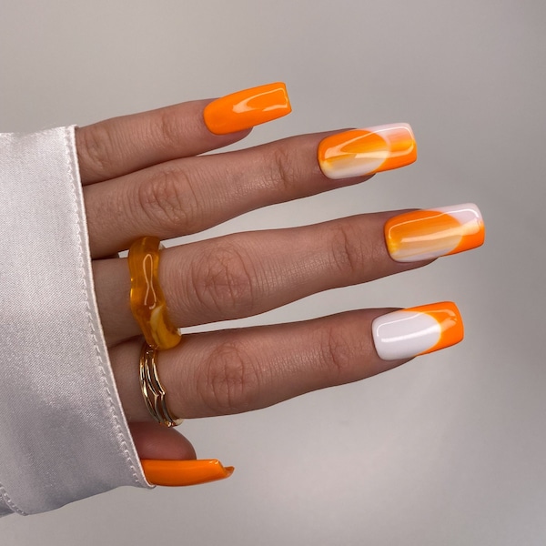 Orange Ombre Press On Nails | Ombre Nails | Classic nails | Medium Square Nails | New Trend | Luxury Nails | Salon quality Reusable