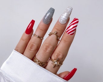 Christmas Press On Nails | Red Nails | Christmas nails | Medium Coffin Nails | False Nails | Luxury Nails | Salon quality Reusable