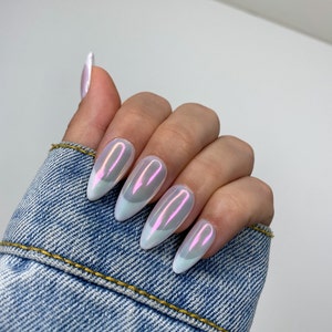Chrome Milky French Tips | White French Tips Nails | Press On Nails | Almond Nails | Natural Nails | Salon quality Reusable | Chrome Nails