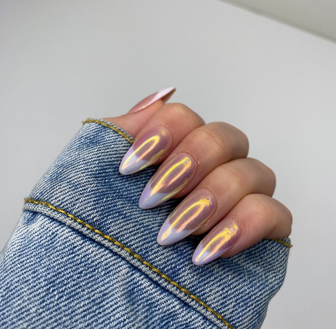 SIRLOMU 24 Stück French Tip Press-on Nails – Chrom Glänzend, Mandelform, Mit Nagelset, Wiederverwendbar
