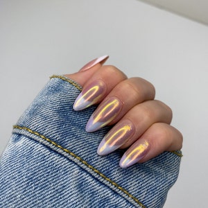 Chrom French Tip Nägel | Chrom-Nägel | Drücken Sie auf die Nägel | Mandel Nägel | Edle Nägel | Sommer Nägel | Salon Qualität Wiederverwendbar