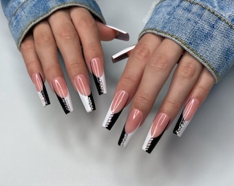 Black French tips | Press On Nails | White French Tips | Coffin Nails | 24 Nails | Ready to Ship Nails | Salon quality | Reusable Nails