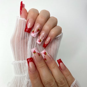 Strawberry French Tips | Red French Tips Nails | Press On Nails | Square Nails | Cute Nails | Salon quality Reusable | Pink Nails