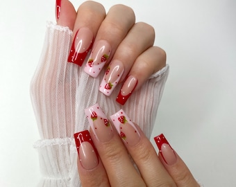 Strawberry French Tips | Red French Tips Nails | Press On Nails | Square Nails | Cute Nails | Salon quality Reusable | Pink Nails