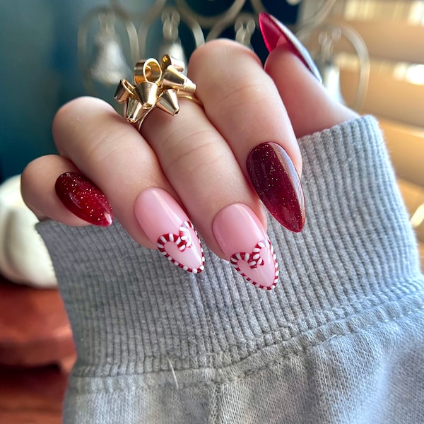 TWINKLING CANDY CANES | Press On Nails | Stiletto Almond Coffin Ballerina Oval Square
