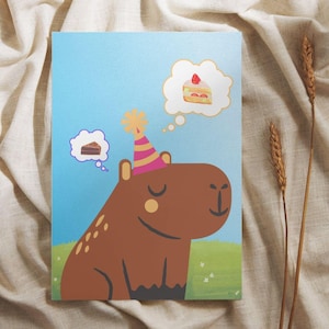 Cartão de aniversário de capivara, cartão de aniversário engraçado, download digital, cartões para imprimir em casa, aniversário infantil, aniversário de capivara, confete, bolo, presentes