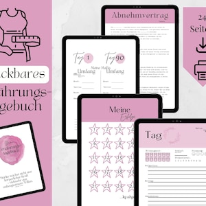 Op de afbeelding: Een afdrukbare roze en witte digitale download voor een gewichtsverliesdagboek. Het dagboek bevat secties voor het bijhouden van de dagelijkse voedselinname, lichaamsbeweging en gewichtsverliesvoortgang. De omslag toont de tekst "Druckbares Ernährungs-Tagebuch", wat "Afdrukbaar voedingsdagboek" betekent.
