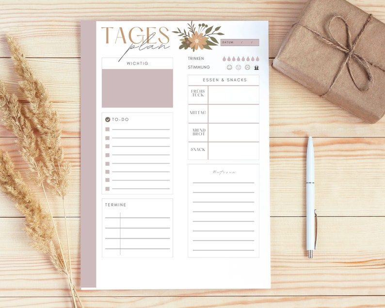 May include: A printable daily planner with sections for important tasks, to-do list, appointments, meals, and mood tracking. The planner has a floral design with a light brown and pink color scheme.