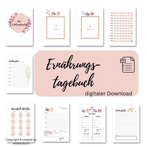 Könnte beinhalten: Ein druckbarer digitaler Download für ein Ernährungstagebuch. Das Tagebuch enthält Seiten für die Menüplanung, die Verfolgung der täglichen Nahrungsaufnahme und eine monatliche Übersicht. Die Seiten sind mit floralen Illustrationen verziert und der Text "Ernährungs-tagebuch" ist in großer Schrift dargestellt.