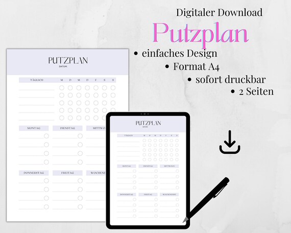 Putzplan Haushaltsplan Reinigungsplan deutsch putz plan download A4 druckbar Haushalt PDF Woche Familie Kinder Küche Putzpläne Routine