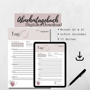 Könnte beinhalten: Ein digitaler Download eines Abnehmtagebuchs mit einem rosa-weißen floralen Design. Das Tagebuch enthält Abschnitte zur Verfolgung der Wasseraufnahme, des Schlafs, des Stresslevels, der Mahlzeiten, Snacks und der Bewegung. Das Tagebuch ist in den Formaten A4 und A5 erhältlich und umfasst 12 Seiten.