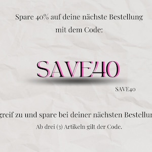 May include: A white crumpled paper background with black text that reads "Spare 40% off your next order with the code: SAVE40". The text SAVE40 is in pink and outlined in black. The text below reads "Grab it and save on your next order! Starting with three (3) items the code applies."