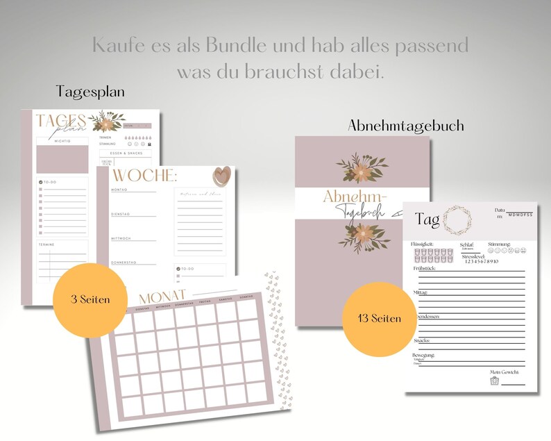 May include: A set of printable planner pages with a floral design. The pages include a daily planner, a weekly planner, a monthly planner, and a weight loss journal. The pages are in a light pink and brown color scheme.