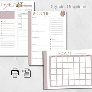 May include: Printable digital download of a weekly and monthly planner with a pink and white color scheme. The planner includes sections for daily tasks, appointments, and notes. The design features a floral motif and the text "Digitaler Download".
