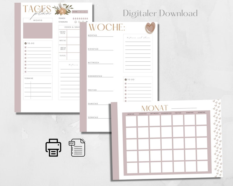 May include: Printable digital download of a weekly and monthly planner with a pink and white color scheme. The planner includes sections for daily tasks, appointments, and notes. The design features a floral motif and the text "Digitaler Download".