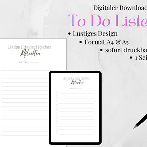 May include: A printable to-do list with a pink and purple title "To Do Liste" and the text "Lästige Liste der täglichen Pflichten" in black. The list is formatted for A4 and A5 paper sizes and is available for instant download.
