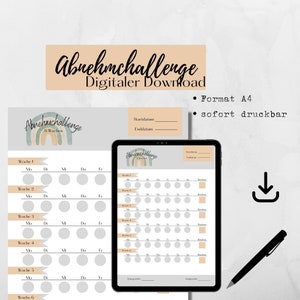 May include: Printable A4 size weight loss challenge tracker with a rainbow design. The tracker includes six weeks of daily checkboxes for tracking progress. The text "Abnehmchallenge" is written in German.