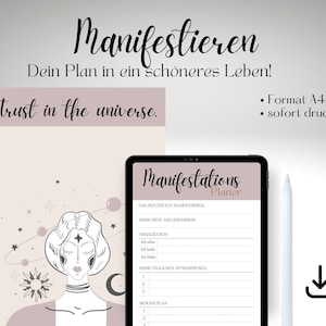 Pode incluir: Um planejador digital imprimível com fundo rosa e branco. O planejador é intitulado "Manifestations Planner" e inclui seções para "O que eu quero manifestar", "Meu pedido ao universo", "Visualização", "Afirmações diárias" e "Plano de ação".