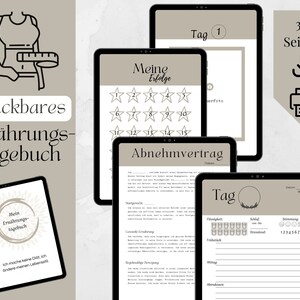 May include: Printable nutrition journal with 32 pages, featuring a cover with a woman wearing a tank top and measuring her waist. The journal includes sections for tracking meals, water intake, and mood. The text on the cover reads "Druckbares Ern&auml;hrungs-Tagebuch" which translates to "Printable Nutrition Journal".